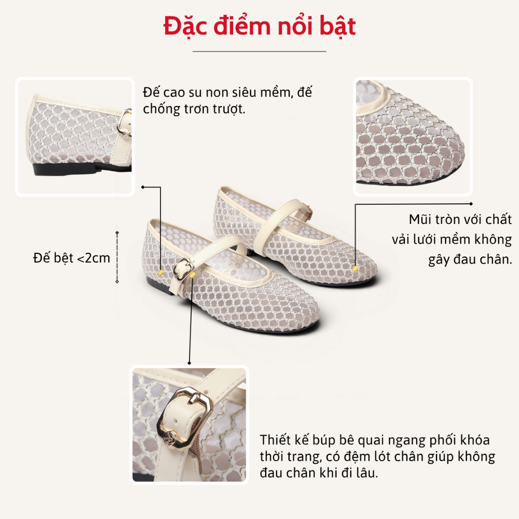 Giày Búp Bê Lưới Nữ Đế Bệt Mũi Tròn Phối Khóa Thời Trang Pixie H466