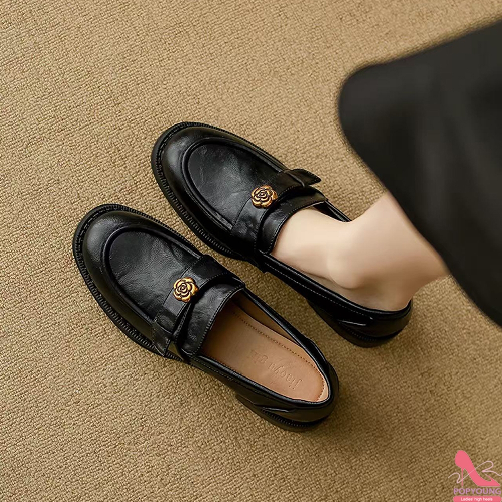 [PY] Giày lười nữ da PU mũi tròn gót thấp hoa hồng kim loại thời trang đi làm văn phòng