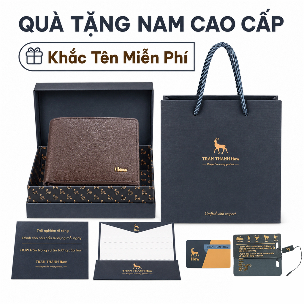 (Có Khắc Tên) Ví Da Nam Cao Cấp HOW Chất Da Bò Mastrotto Chính Hãng Italy Thiết Kế Thời Thượng HNK11
