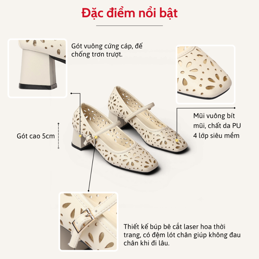 Giày Cao Gót Nữ 5cm Quai Ngang Thiết Kế Khắc Laser Thời Trang Pixie H468