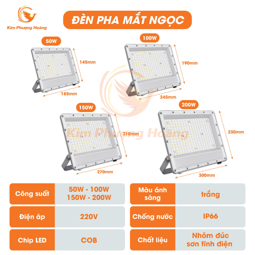 Đèn pha mắt ngọc 220V cao cấp ánh sáng trắng 50W 100W 150W 200W, chip LED hạt ngọc - BH 2 năm
