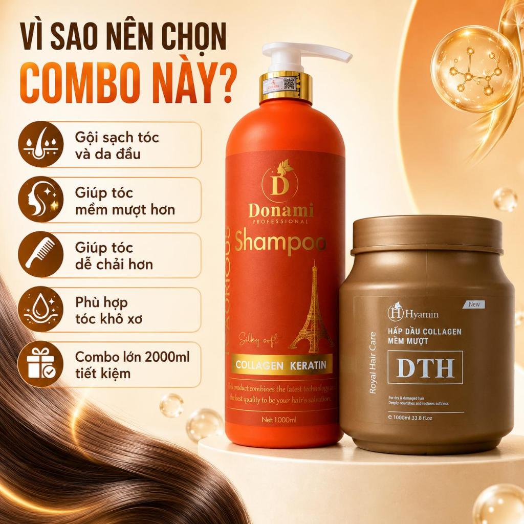 Combo Chăm Tóc Dầu Gội Donami và Ủ Tóc Hyamin DTH Collagen Keratin Phục Hồi Tóc Khô Xơ Hư Tổn