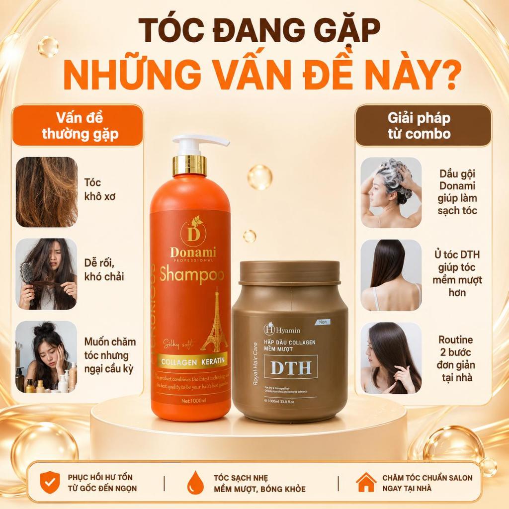 Combo Chăm Tóc Dầu Gội Donami và Ủ Tóc Hyamin DTH Collagen Keratin Phục Hồi Tóc Khô Xơ Hư Tổn