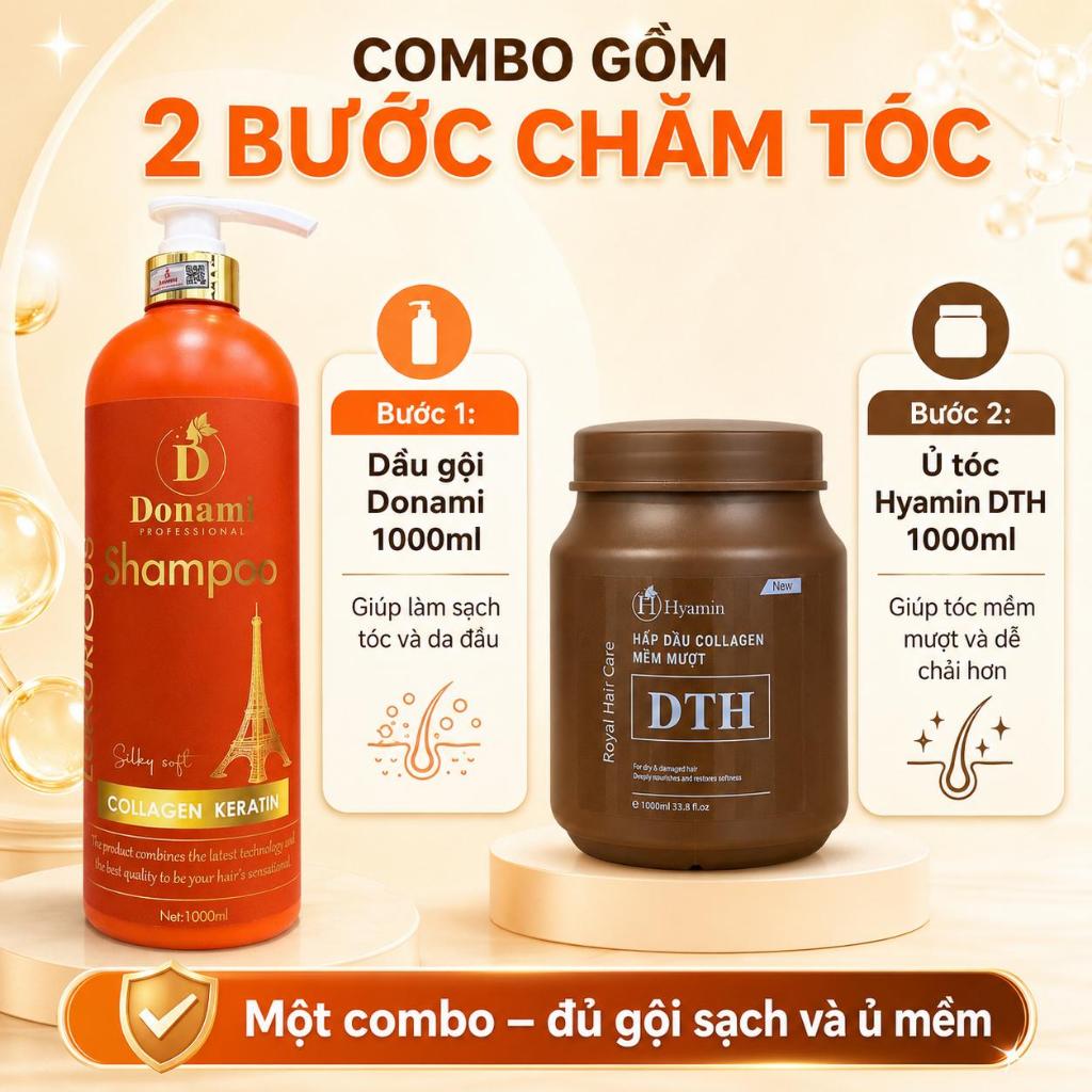 Combo Chăm Tóc Dầu Gội Donami và Ủ Tóc Hyamin DTH Collagen Keratin Phục Hồi Tóc Khô Xơ Hư Tổn