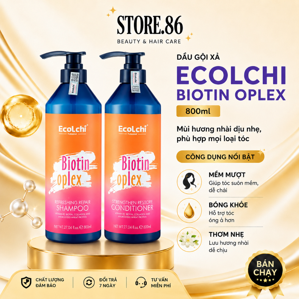 Bộ Gội Xả EcoLchi Biotin Oplex 800ml | Dưỡng Tóc Mềm Mượt, Bóng Khỏe, Hương Nhài Dịu Nhẹ