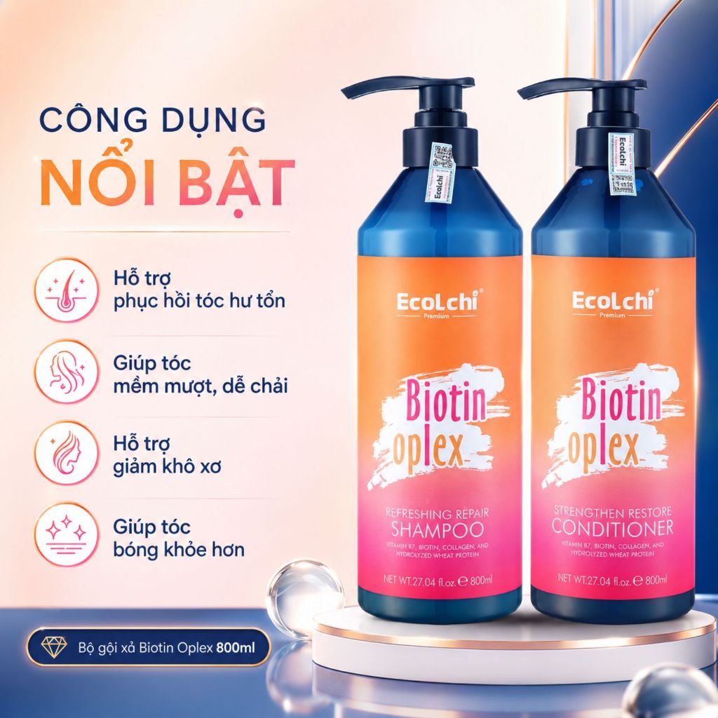 Bộ Gội Xả EcoLchi Biotin Oplex 800ml | Dưỡng Tóc Mềm Mượt, Bóng Khỏe, Hương Nhài Dịu Nhẹ
