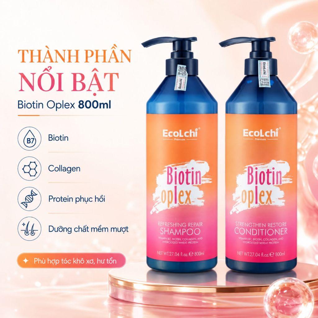 Bộ Gội Xả EcoLchi Biotin Oplex 800ml | Dưỡng Tóc Mềm Mượt, Bóng Khỏe, Hương Nhài Dịu Nhẹ