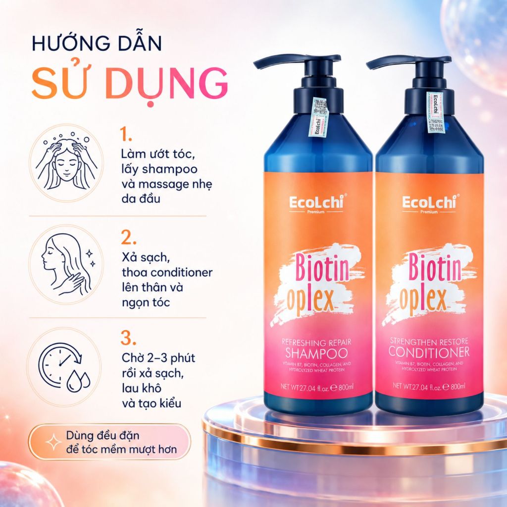 Bộ Gội Xả EcoLchi Biotin Oplex 800ml | Dưỡng Tóc Mềm Mượt, Bóng Khỏe, Hương Nhài Dịu Nhẹ
