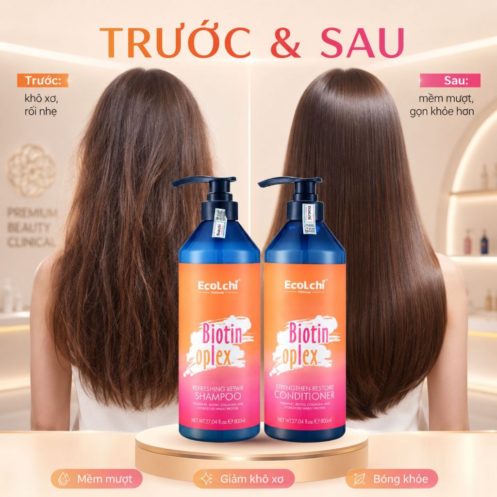 Bộ Gội Xả EcoLchi Biotin Oplex 800ml | Dưỡng Tóc Mềm Mượt, Bóng Khỏe, Hương Nhài Dịu Nhẹ