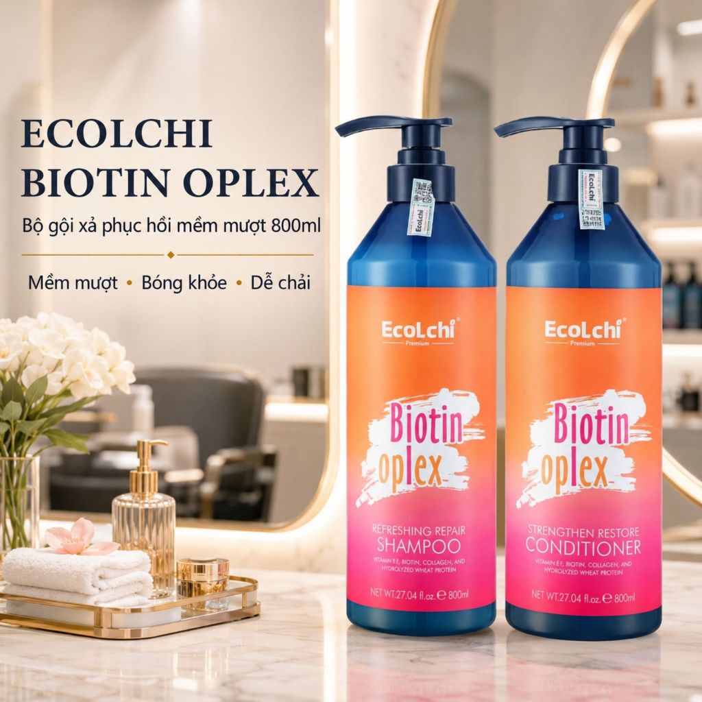 Bộ Gội Xả EcoLchi Biotin Oplex 800ml | Dưỡng Tóc Mềm Mượt, Bóng Khỏe, Hương Nhài Dịu Nhẹ