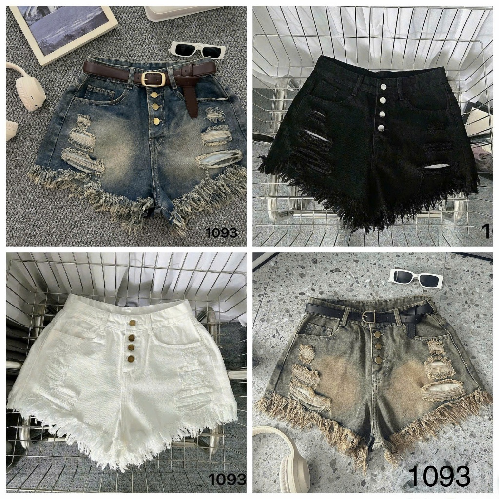 Quần Sooc Jean Nữ Bigsize 40-90kg, Quần Đùi Bò lưng cao rách 4 nút ống tua rua HÁCH DÁNG MS1093