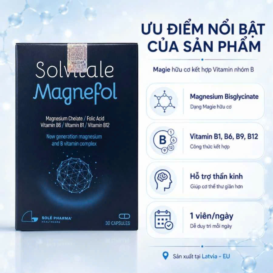 Solvitale Magnefol 30 Viên Nhập Khẩu Latvia, Magie Bisglycinate Kết Hợp Vitamin B1 B6 B9 B12
