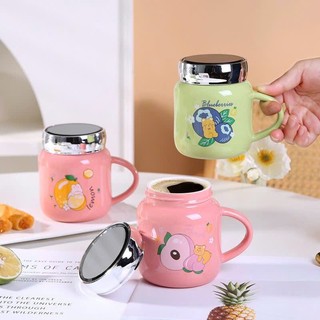 Ly sứ in hình dễ thương kèm nắp gương kim loại, dung tích 450ml