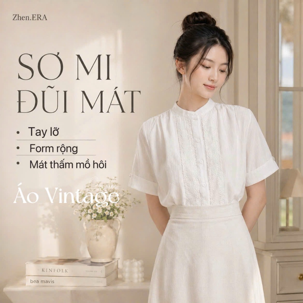 Áo Sơ Mi Kiểu Công Sở Phối Ren Tay Lỡ Form Rộng AK38