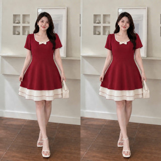Đầm Váy Bigsize Nữ Màu Đỏ Đen Mặc Tết Dáng Dài Xinh Cổ Phối Viền Gắn Nơ Thanh Lịch A692-A693