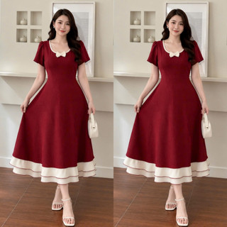 Đầm Váy Bigsize Nữ Màu Đỏ Đen Mặc Tết Dáng Dài Xinh Cổ Phối Viền Gắn Nơ Thanh Lịch A692-A693