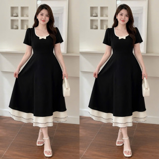 Đầm Váy Bigsize Nữ Màu Đỏ Đen Mặc Tết Dáng Dài Xinh Cổ Phối Viền Gắn Nơ Thanh Lịch A692-A693