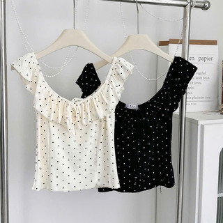 Áo trễ vai bèo nhún nhẹ họa tiết chấm bi hottrend nữ tính