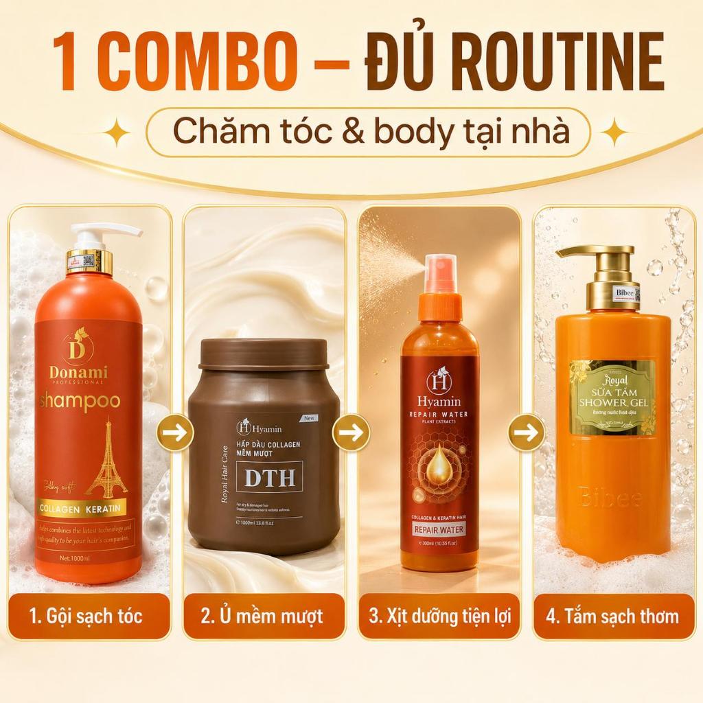 Dầu Gội Donami 1000ml Tặng Ủ Tóc Hyamin Sữa Tắm Bibee và Xịt Dưỡng Hyamin giúp tóc mềm mượt body thơm lâu