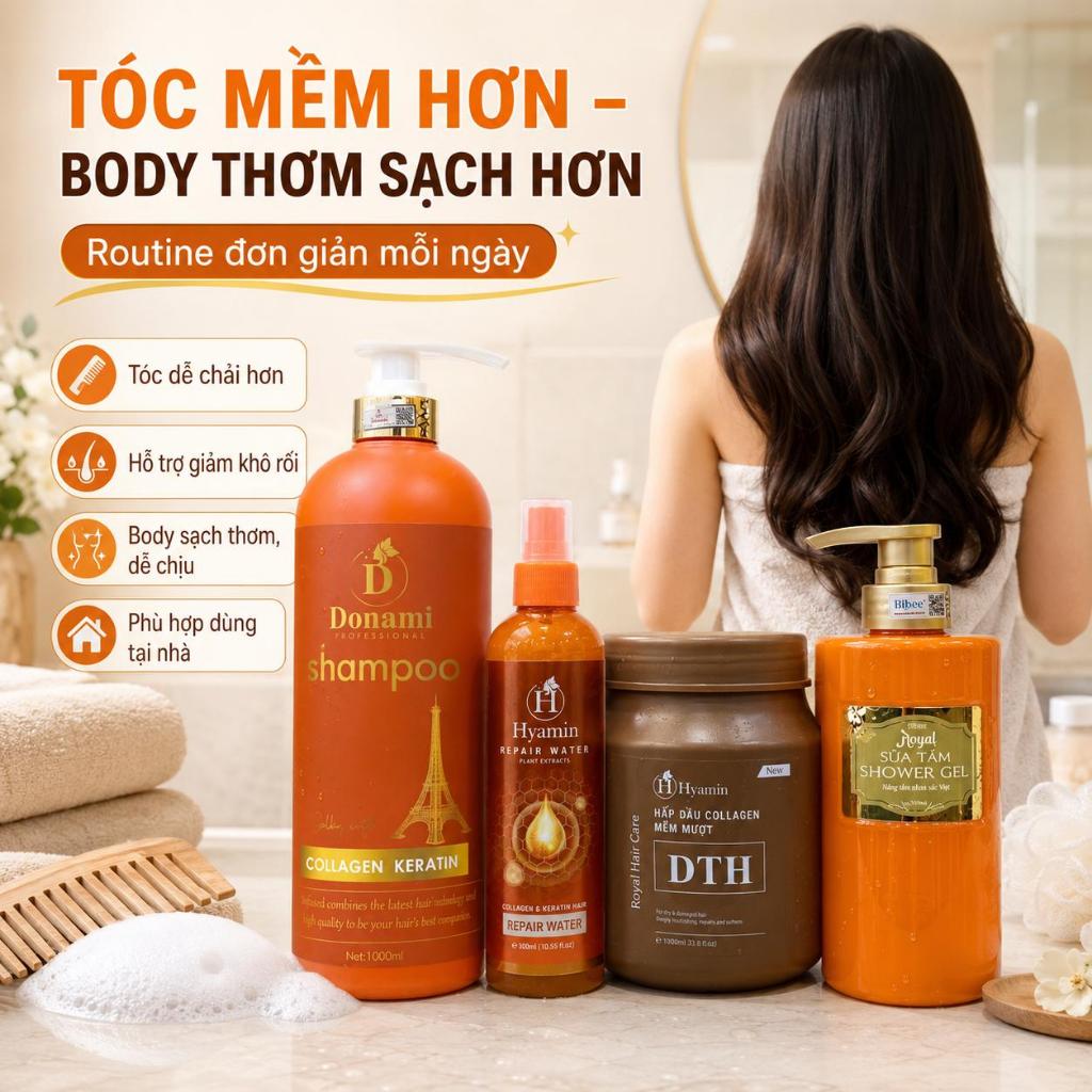 Dầu Gội Donami 1000ml Tặng Ủ Tóc Hyamin Sữa Tắm Bibee và Xịt Dưỡng Hyamin giúp tóc mềm mượt body thơm lâu