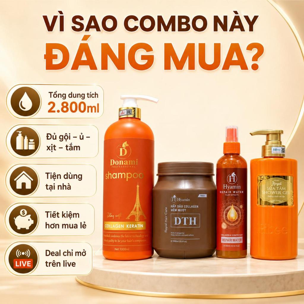 Dầu Gội Donami 1000ml Tặng Ủ Tóc Hyamin Sữa Tắm Bibee và Xịt Dưỡng Hyamin giúp tóc mềm mượt body thơm lâu