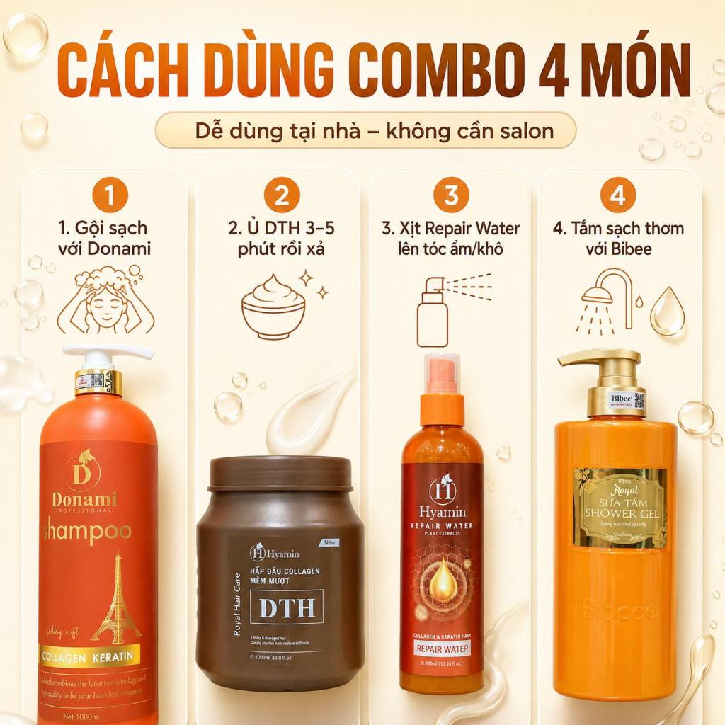 Dầu Gội Donami 1000ml Tặng Ủ Tóc Hyamin Sữa Tắm Bibee và Xịt Dưỡng Hyamin giúp tóc mềm mượt body thơm lâu