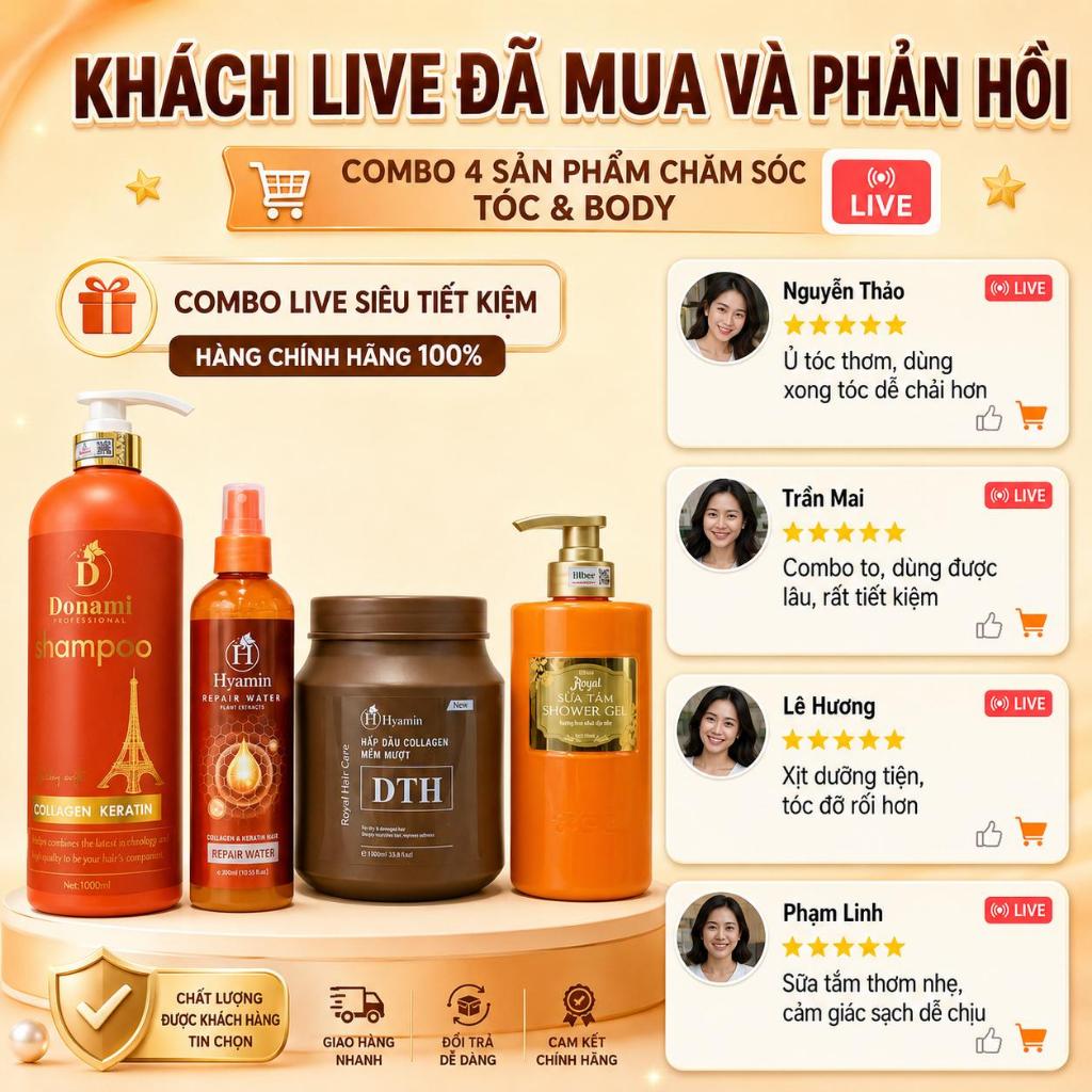 Dầu Gội Donami 1000ml Tặng Ủ Tóc Hyamin Sữa Tắm Bibee và Xịt Dưỡng Hyamin giúp tóc mềm mượt body thơm lâu