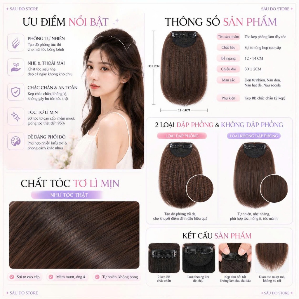 Kẹp phồng mái làm dày tóc – Kẹp nâng phồng che hói tự nhiên, dễ kẹp