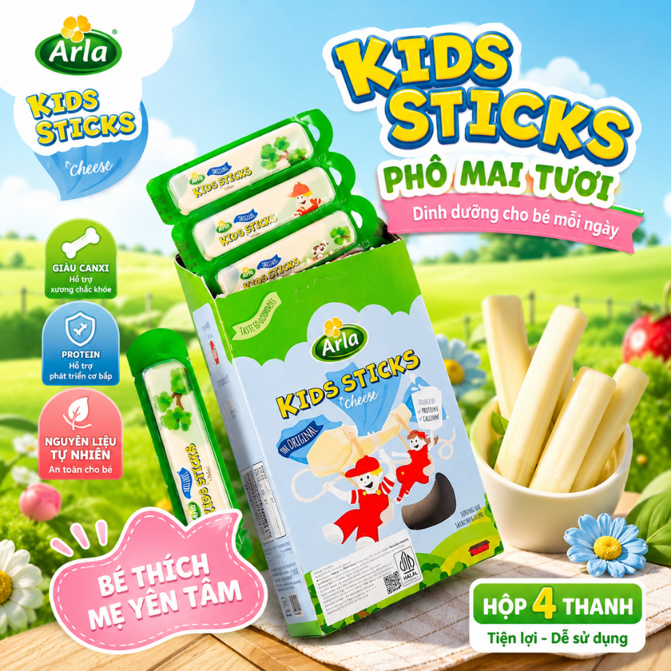 Arla Kids Sticks Phô Mai Thanh Cho Bé 4 Thanh/Hộp - Giàu Canxi, Protein, Snack Dinh Dưỡng Tiện Lợi