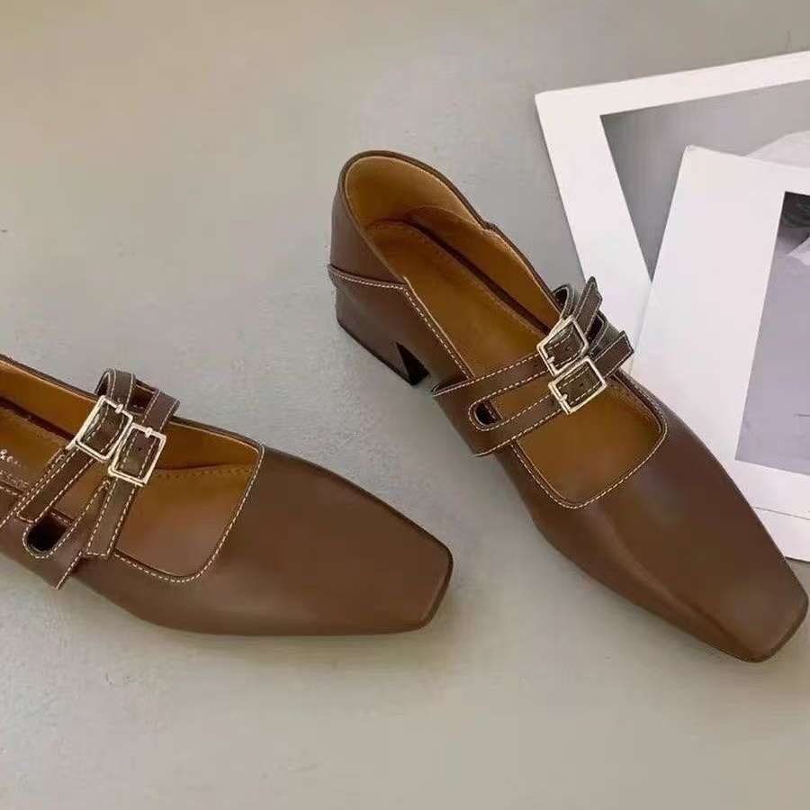 [PY] Giày Mary Jane nữ mũi vuông gót thấp 3cm hai quai khóa kim loại thời trang đi làm văn phòng