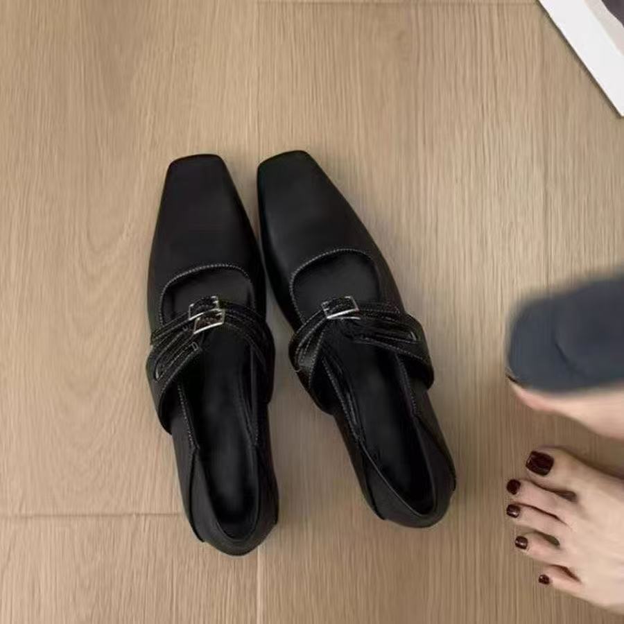 [PY] Giày Mary Jane nữ mũi vuông gót thấp 3cm hai quai khóa kim loại thời trang đi làm văn phòng