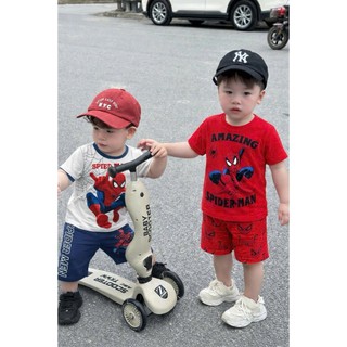 Set Bộ Bé Trai Spider Man Áo Thun Tay Ngắn In Hình Người Nhện, Quần Short Cotton Mềm Mát Mùa Hè Cho Bé 7-30kg
