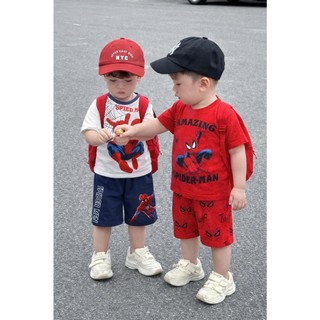 Set Bộ Bé Trai Spider Man Áo Thun Tay Ngắn In Hình Người Nhện, Quần Short Cotton Mềm Mát Mùa Hè Cho Bé 7-30kg
