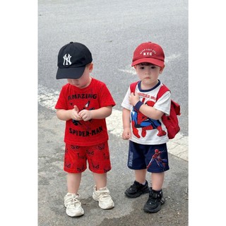 Set Bộ Bé Trai Spider Man Áo Thun Tay Ngắn In Hình Người Nhện, Quần Short Cotton Mềm Mát Mùa Hè Cho Bé 7-30kg