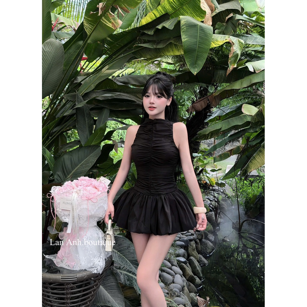 Váy tơ cổ yếm dáng xoè xinh nhún ngực