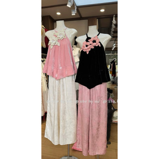 Sét áo nhung the cổ yếm khâu Hoa nhuỵ điểm cườm +quần xuông lụa