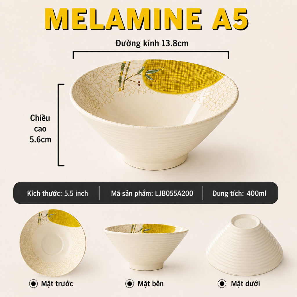 Bát Cơm Phíp ( Melamine A5 ) Hoa Văn Hình Lá Tre Dùng Cho Nhà Hàng Khách Sạn 055SA200