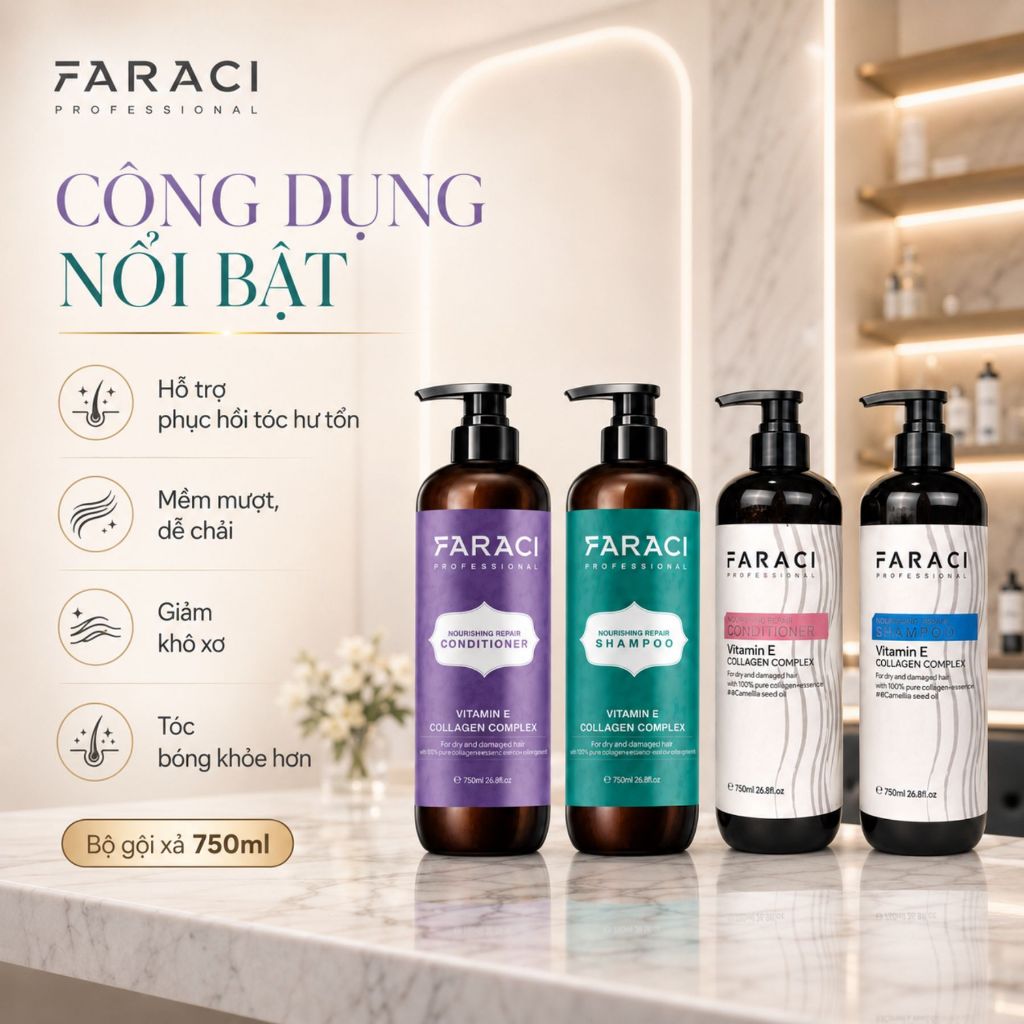 Combo Dầu Gội Xả FARACI 750ml | Dưỡng Ẩm Tóc Khô Xơ, Mềm Mượt Chuẩn Salon