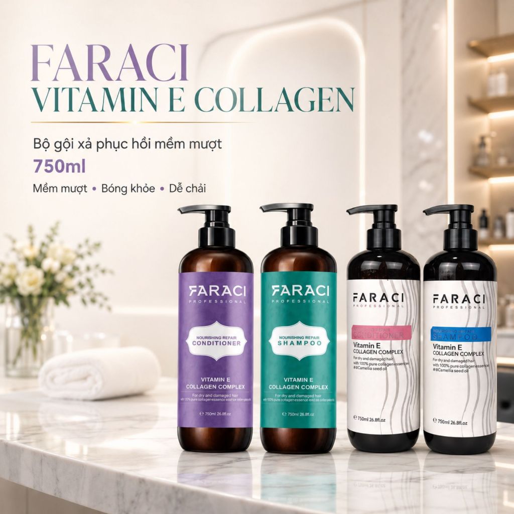 Combo Dầu Gội Xả FARACI 750ml | Dưỡng Ẩm Tóc Khô Xơ, Mềm Mượt Chuẩn Salon