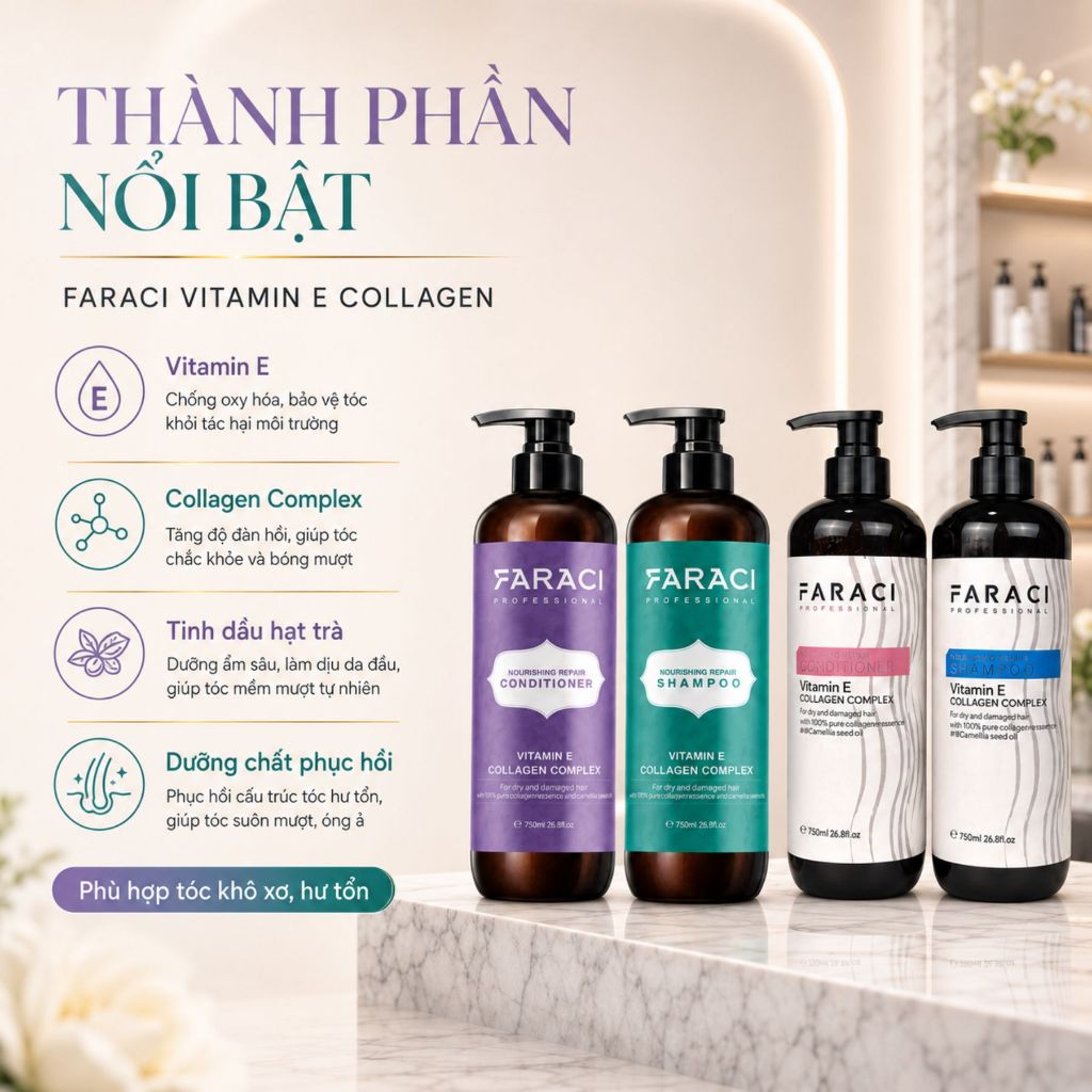 Combo Dầu Gội Xả FARACI 750ml | Dưỡng Ẩm Tóc Khô Xơ, Mềm Mượt Chuẩn Salon