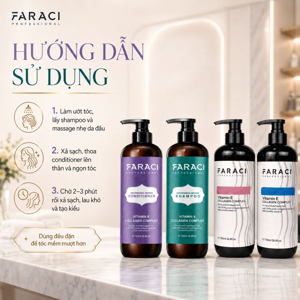 Combo Dầu Gội Xả FARACI 750ml | Dưỡng Ẩm Tóc Khô Xơ, Mềm Mượt Chuẩn Salon