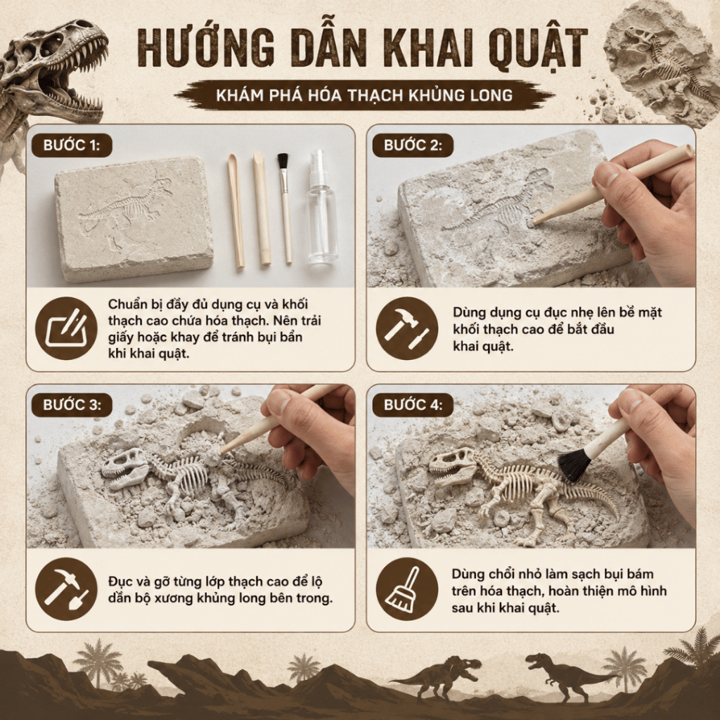 Bộ Khảo Cổ Hóa Thạch Khủng Long Cho Bé Đồ Chơi Khảo Cổ Mô Hình Xương Khủng Long