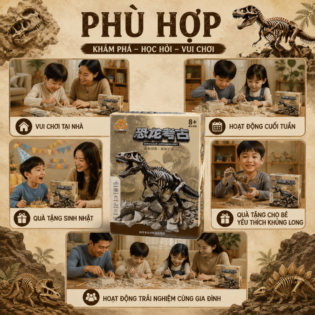 Bộ Khảo Cổ Hóa Thạch Khủng Long Cho Bé Đồ Chơi Khảo Cổ Mô Hình Xương Khủng Long