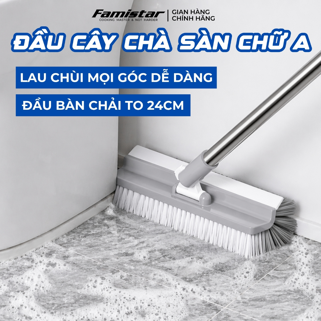Cây chà sàn nhà tắm đầu chử A xoay 180 độ FAMISTAR, chổi cọ nhà vệ sinh toilet CS-DBS24