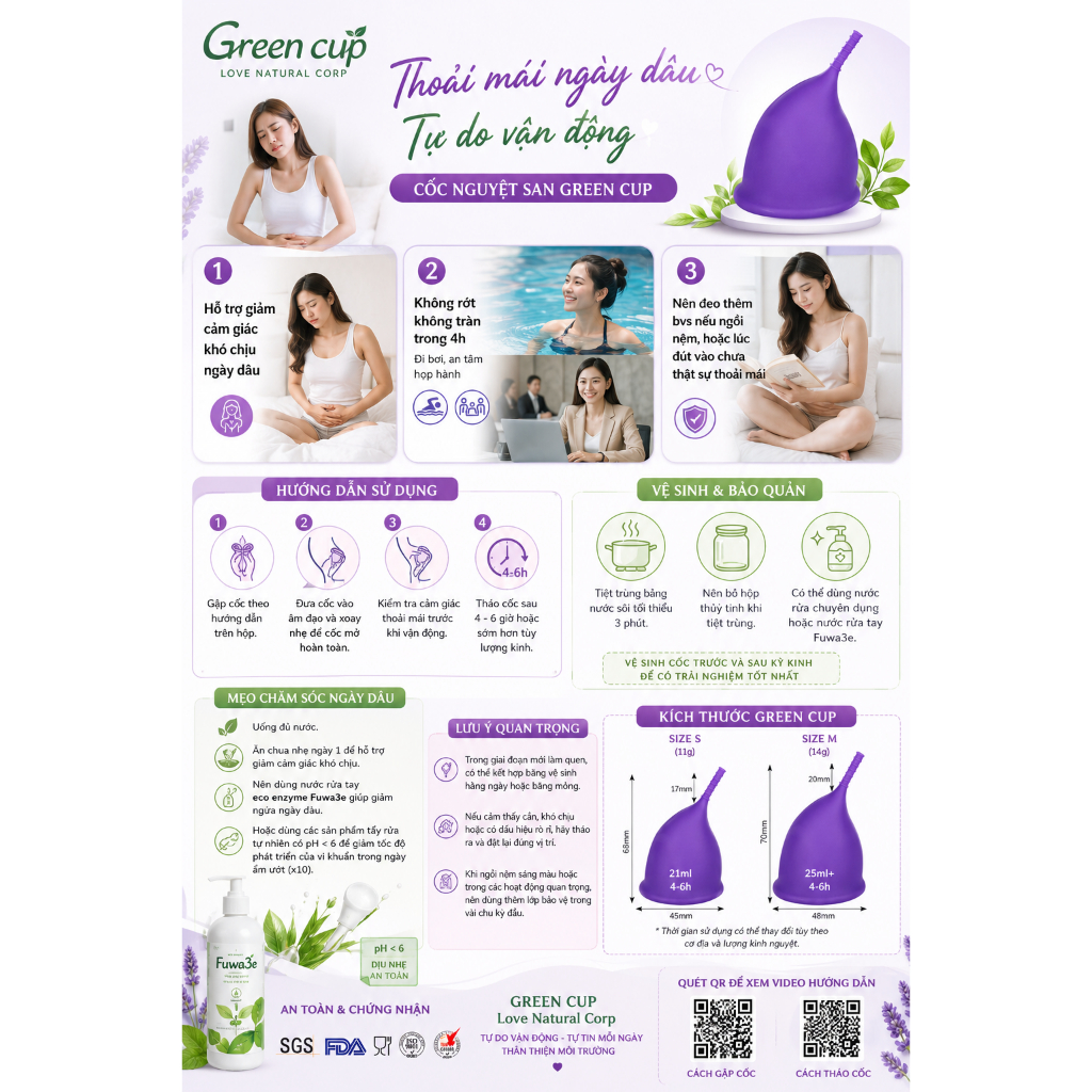 BAO KHÔNG RỚT , RÚT KO KẾN Cốc nguyệt san Greencup đạt chuẩn FDA Hoa Kỳ, menstrual cup easy fit