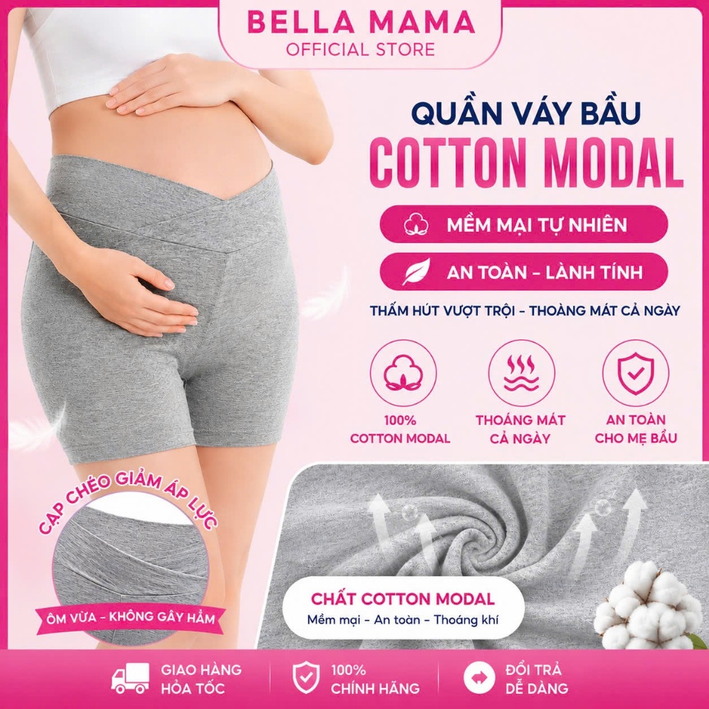 Quần Đùi Bầu Mặc Nhà Bella Mama Cạp Chéo Chất Cotton Quần Bầu Mặc Trong Váy Cho Mẹ Bầu QV2