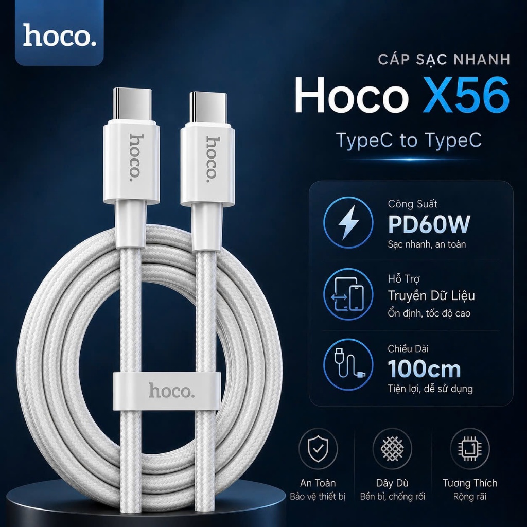 Cáp sạc nhanh Type-C to Type-C Hoco X56 PD60W , hỗ trợ truyền dữ liệu ,dây dù dùng cho 15 trở lên/Android dài 1m