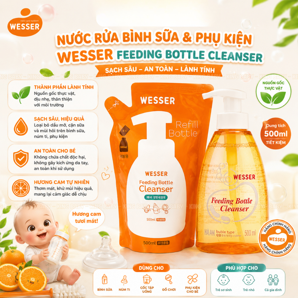 Nước Rửa Bình Sữa Wesser Refill 500ml Hàn Quốc – Túi Thay Thế, Làm Sạch Cặn Sữa & Dầu Mỡ An Toàn Cho Bé