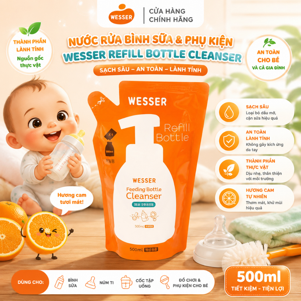 Nước Rửa Bình Sữa Wesser Refill 500ml Hàn Quốc – Túi Thay Thế, Làm Sạch Cặn Sữa & Dầu Mỡ An Toàn Cho Bé