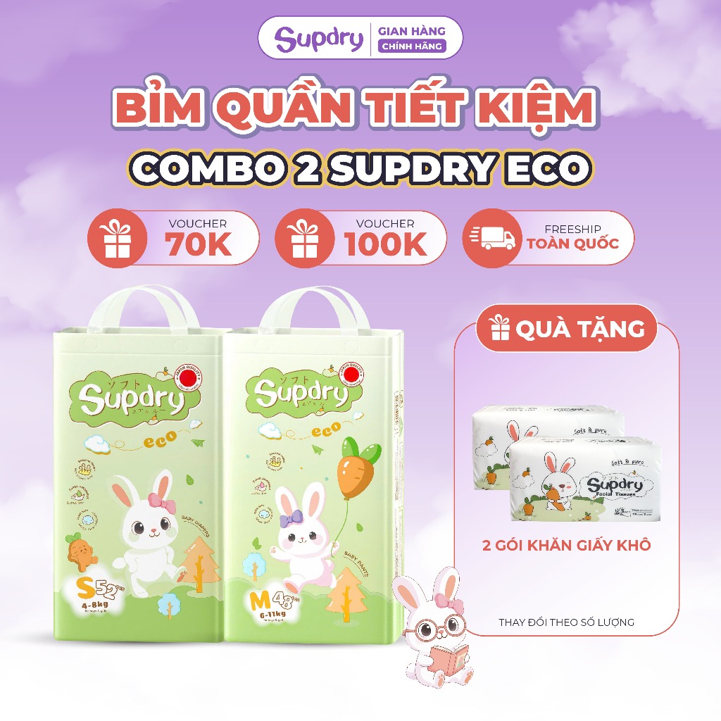 [CÓ QUÀ] COMBO 2 Bịch Tã/ Bỉm Quần Supdry, Bỉm Supdry Eco Êm Ái, Khô Thoáng, Thấm hút tốt Cho bé M, L, XL, XXL, 3XL